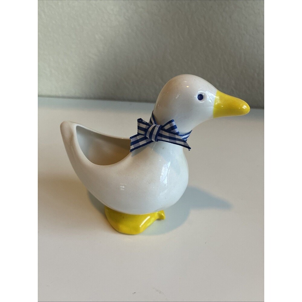 Vintage Ceramic Goose Duck Opening Succulent Sponge Holder Blue White Bow 90s